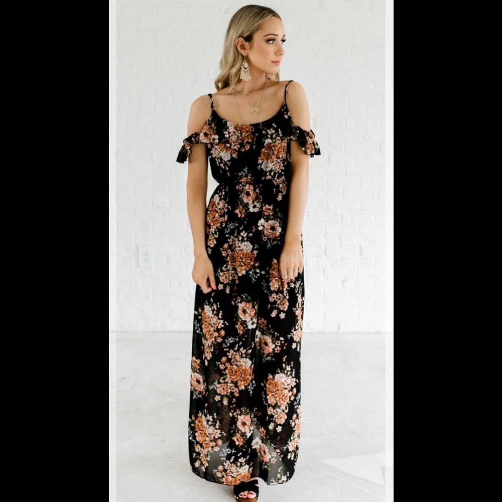 NWOT Black Floral Cold Shoulder Maxi Dress